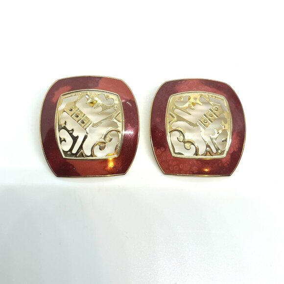 VINTAGE BEREBI ABSTRACT EARRINGS GOLD TONE RED MODERNIST ARTISAN STATEMENT - Picture 7 of 13